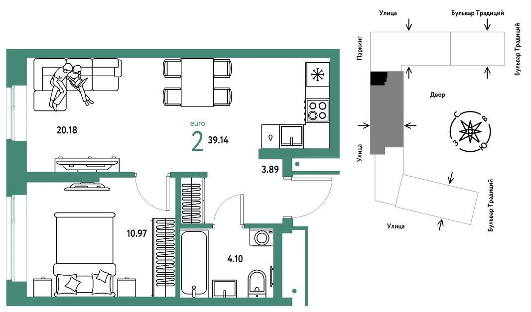Планировка 2-комн. квартира, 39.14 м² ЖК «Микрорайон Домашний»