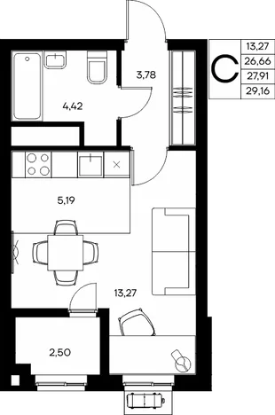 Планировка Студия, 29.16 м² ЖК «Прибрежный дом»