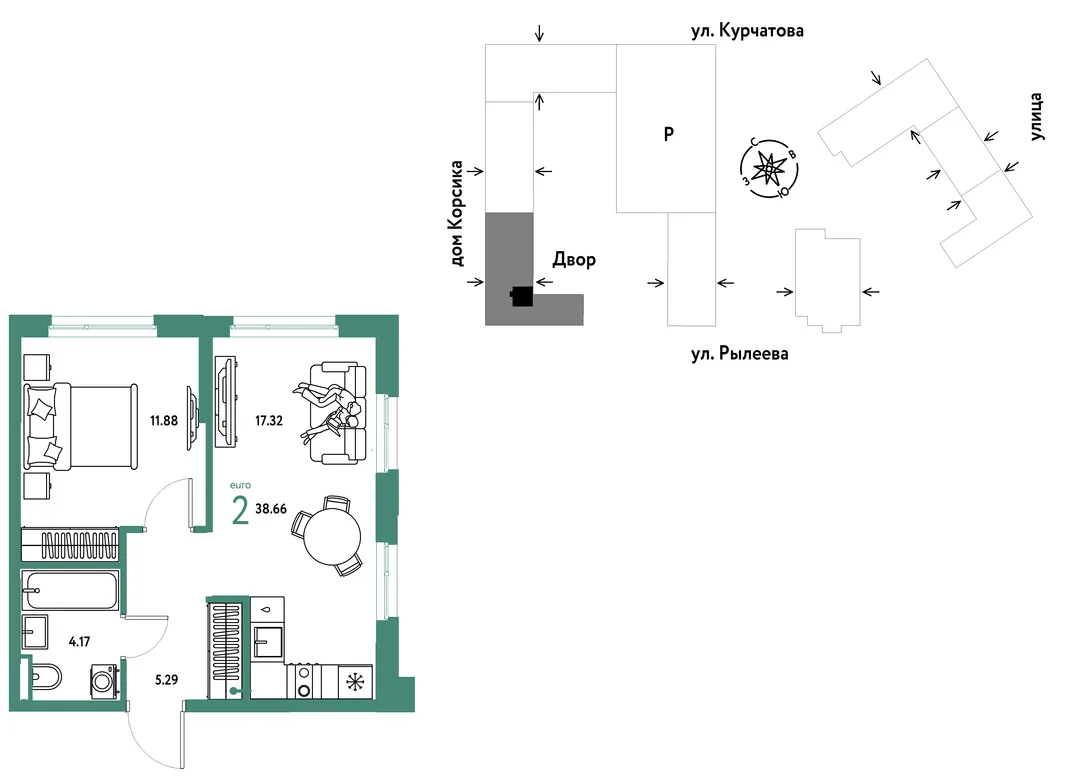 Планировка 2-комн. квартира, 38.66 м² ЖК «Остров-сад»