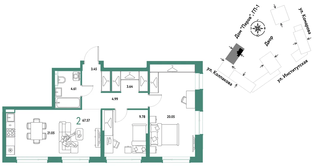 Планировка 2-комн. квартира, 67.57 м² ЖК «Страна.Парковая»