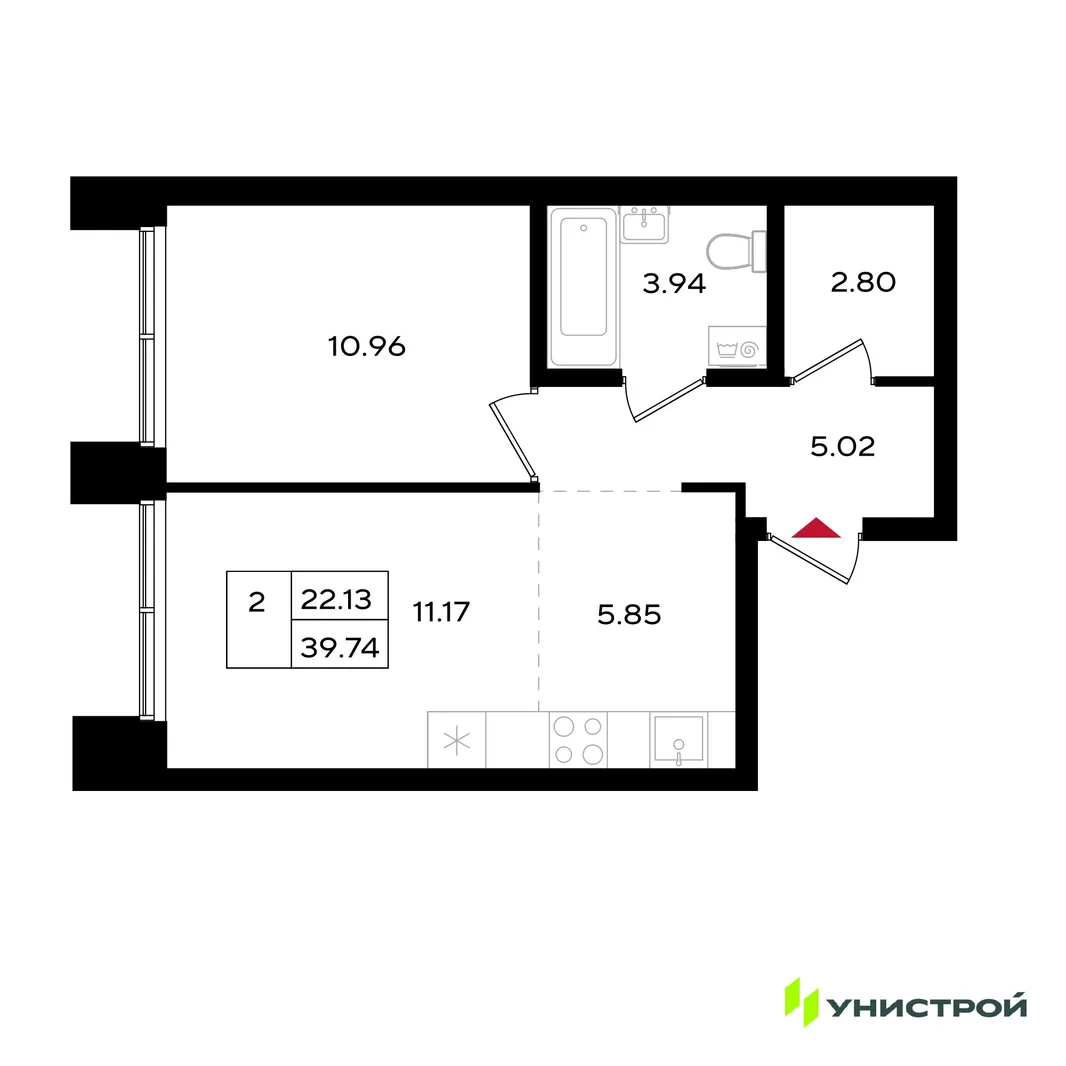 Планировка 2-комн. квартира, 39.78 м² ЖК «Уникум на Энгельса»