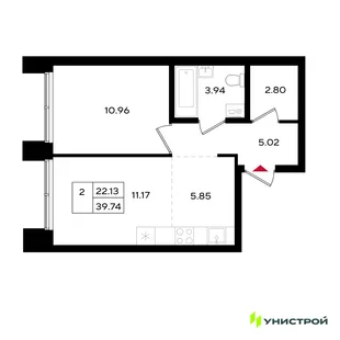 Планировка 2-комн. квартира, 39.78 м² ЖК «Уникум на Энгельса»