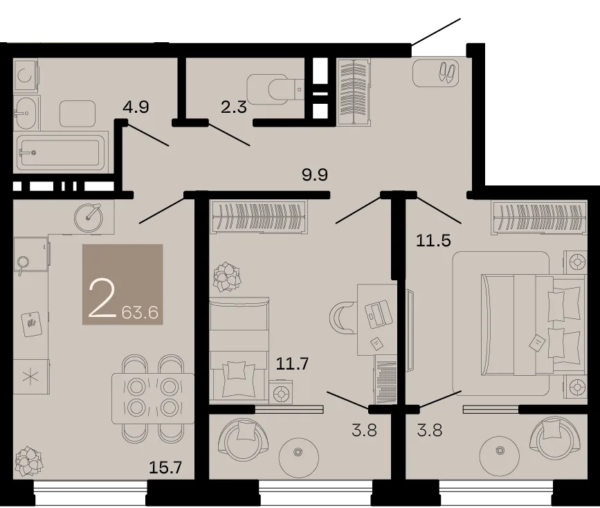 Планировка 2-комн. квартира, 63.6 м² ЖК «Хозяин морей»
