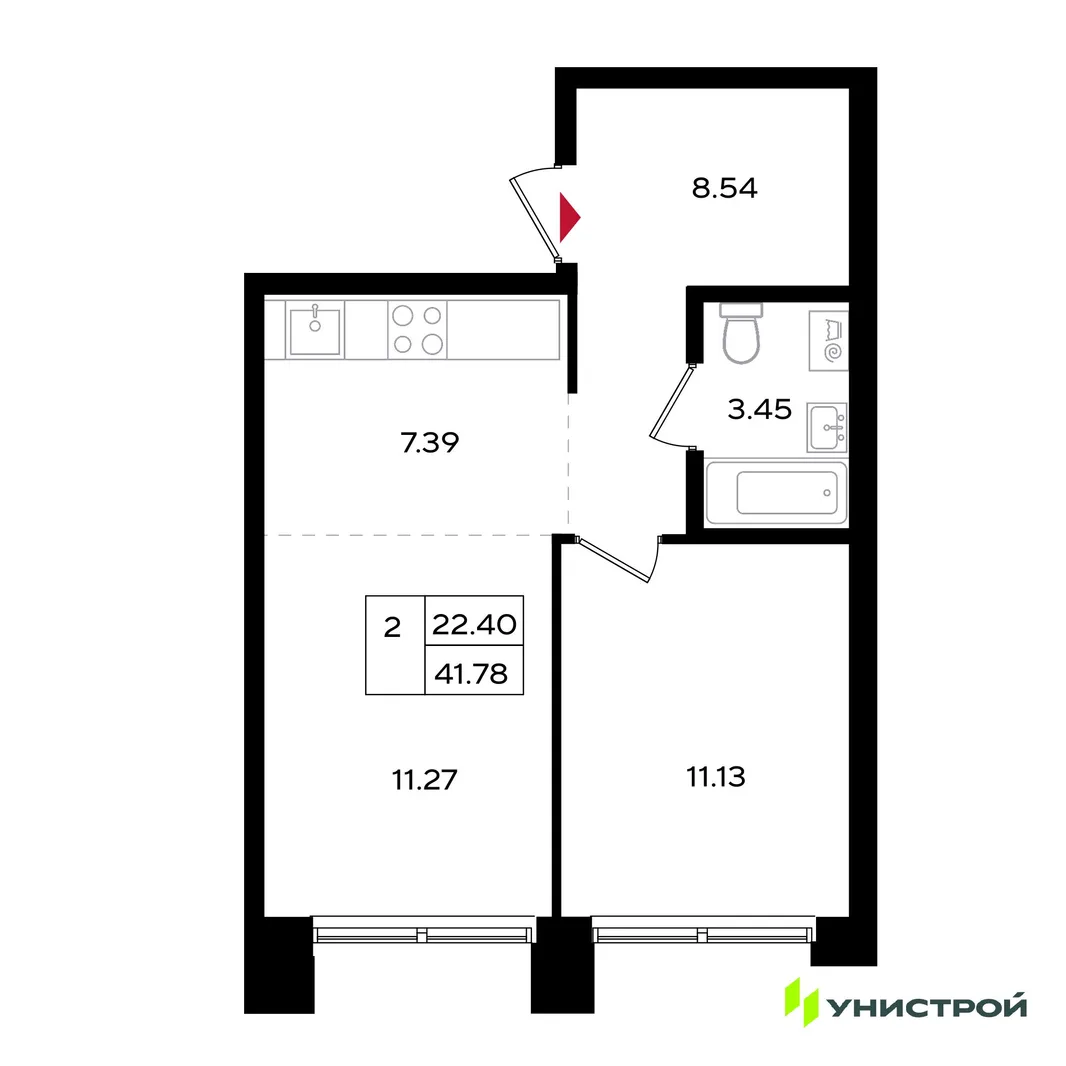 Планировка 2-комн. квартира, 41.87 м² ЖК «Уникум на Энгельса»