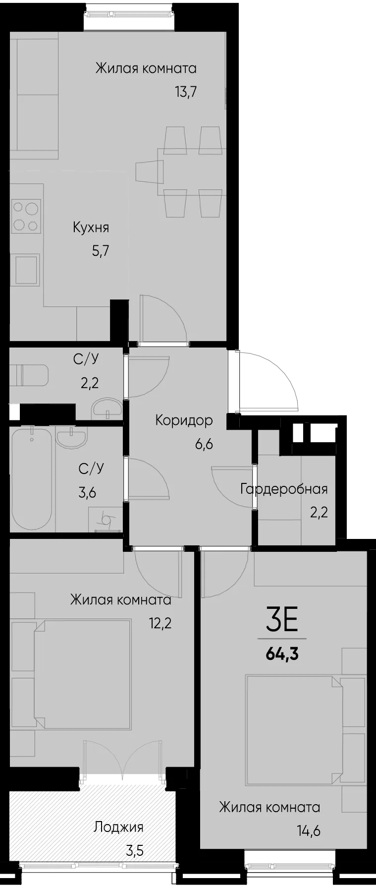 Планировка 3-комн. квартира, 64.1 м² ЖК «Васильевский остров»