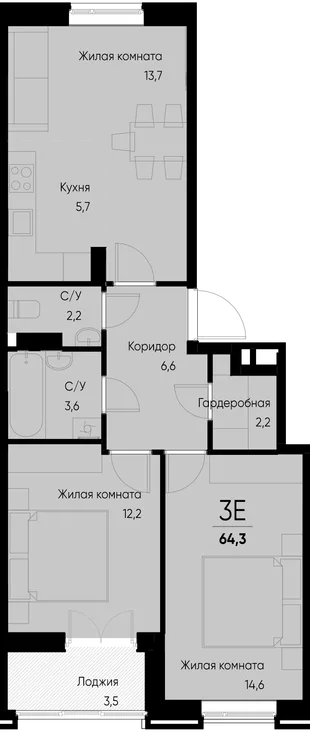 Планировка 3-комн. квартира, 64.1 м² ЖК «Васильевский остров»