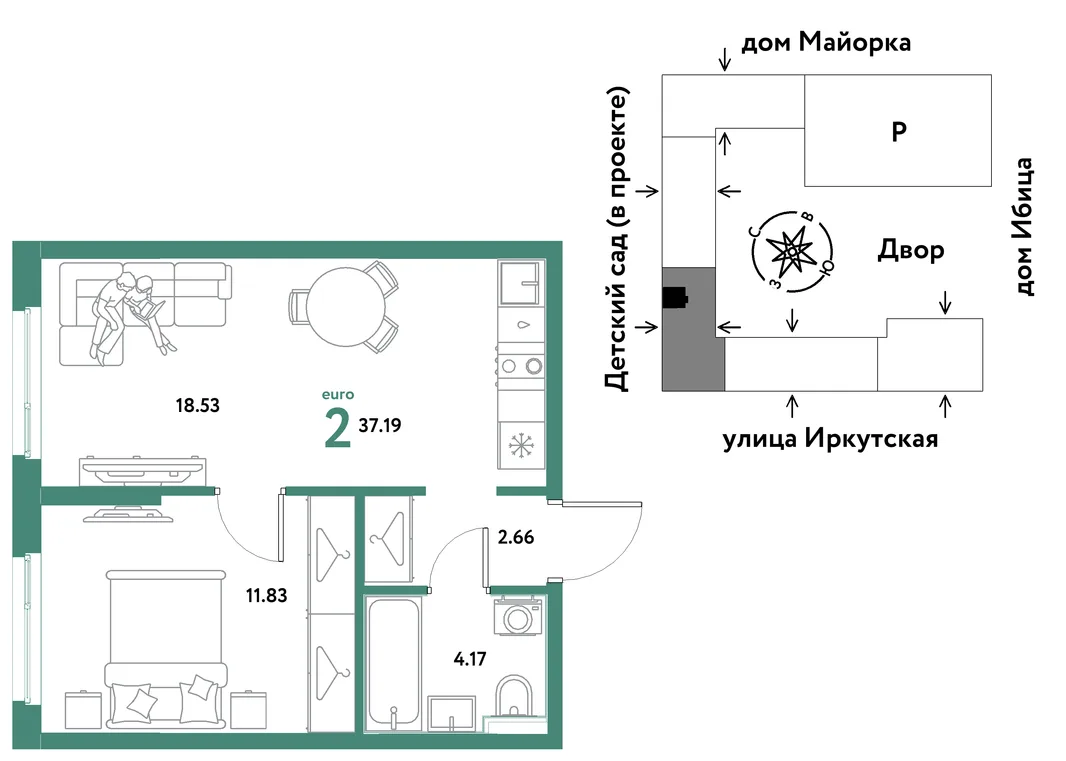 Планировка 2-комн. квартира, 37.19 м² ЖК «Остров-сад»