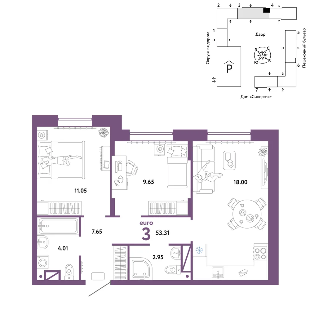 Планировка 3-комн. квартира, 53.31 м² ЖК «Юнион»