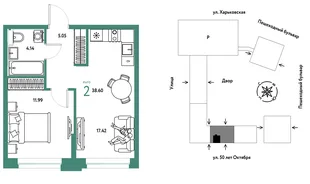 Планировка 2-комн. квартира, 38.6 м² ЖК «Сердце Сибири»