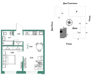 Планировка 2-комн. квартира, 40.51 м² ЖК «Европейский берег 2.0»