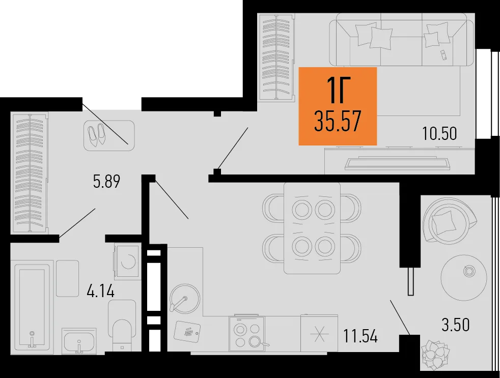 Планировка 1-комн. квартира, 35.57 м² ЖК «Столицыно»