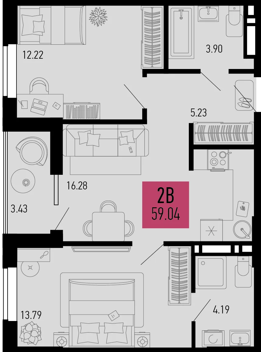 Планировка 2-комн. квартира, 59.04 м² ЖК «Столицыно»