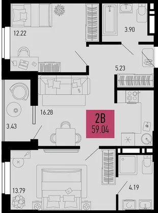 Планировка 2-комн. квартира, 59.04 м² ЖК «Столицыно»