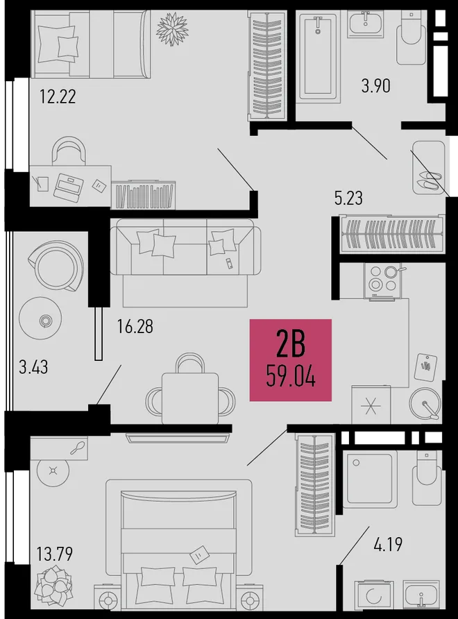 Планировка 2-комн. квартира, 59.04 м² ЖК «Столицыно» Планировка 2-комн. квартира, 59.04 м² ЖК «Столицыно»