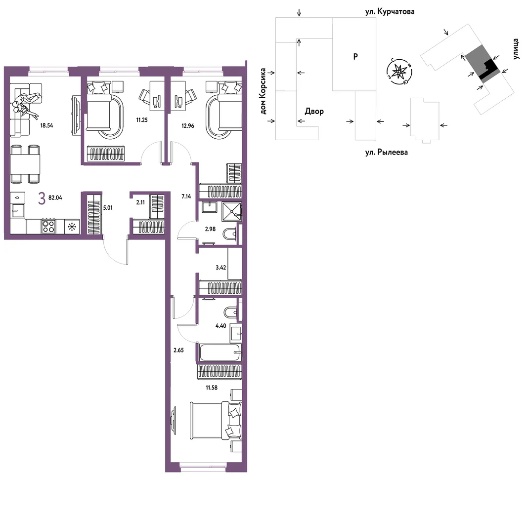 Планировка 3-комн. квартира, 82.48 м² ЖК «Остров-сад»