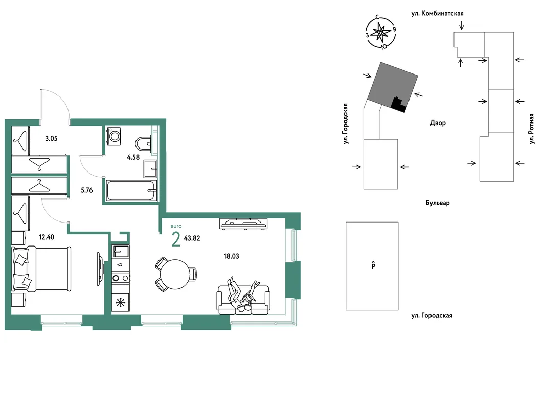 Планировка 2-комн. квартира, 43.82 м² ЖК «Уральский сад»
