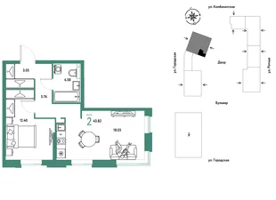 Планировка 2-комн. квартира, 43.82 м² ЖК «Уральский сад»