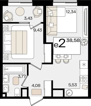 Планировка 2-комн. квартира, 38.58 м² ЖК «Патрики»