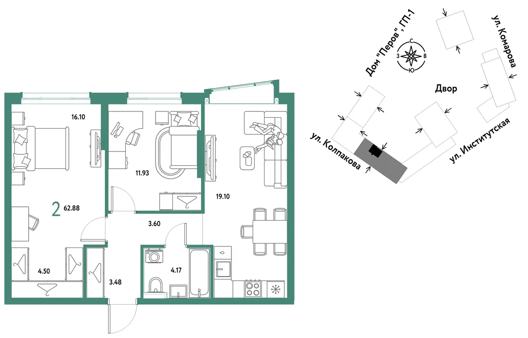 Планировка 2-комн. квартира, 62.88 м² ЖК «Страна.Парковая»