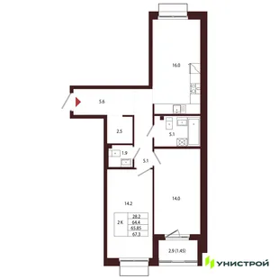 Планировка 2-комн. квартира, 65.85 м² ЖК «Лисино»