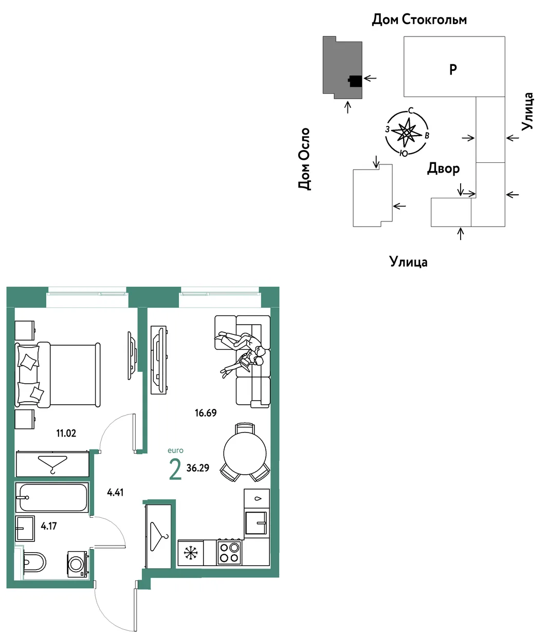 Планировка 2-комн. квартира, 36.29 м² ЖК «Европейский берег 2.0»