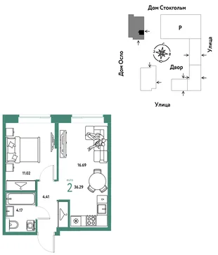 Планировка 2-комн. квартира, 36.29 м² ЖК «Европейский берег 2.0»