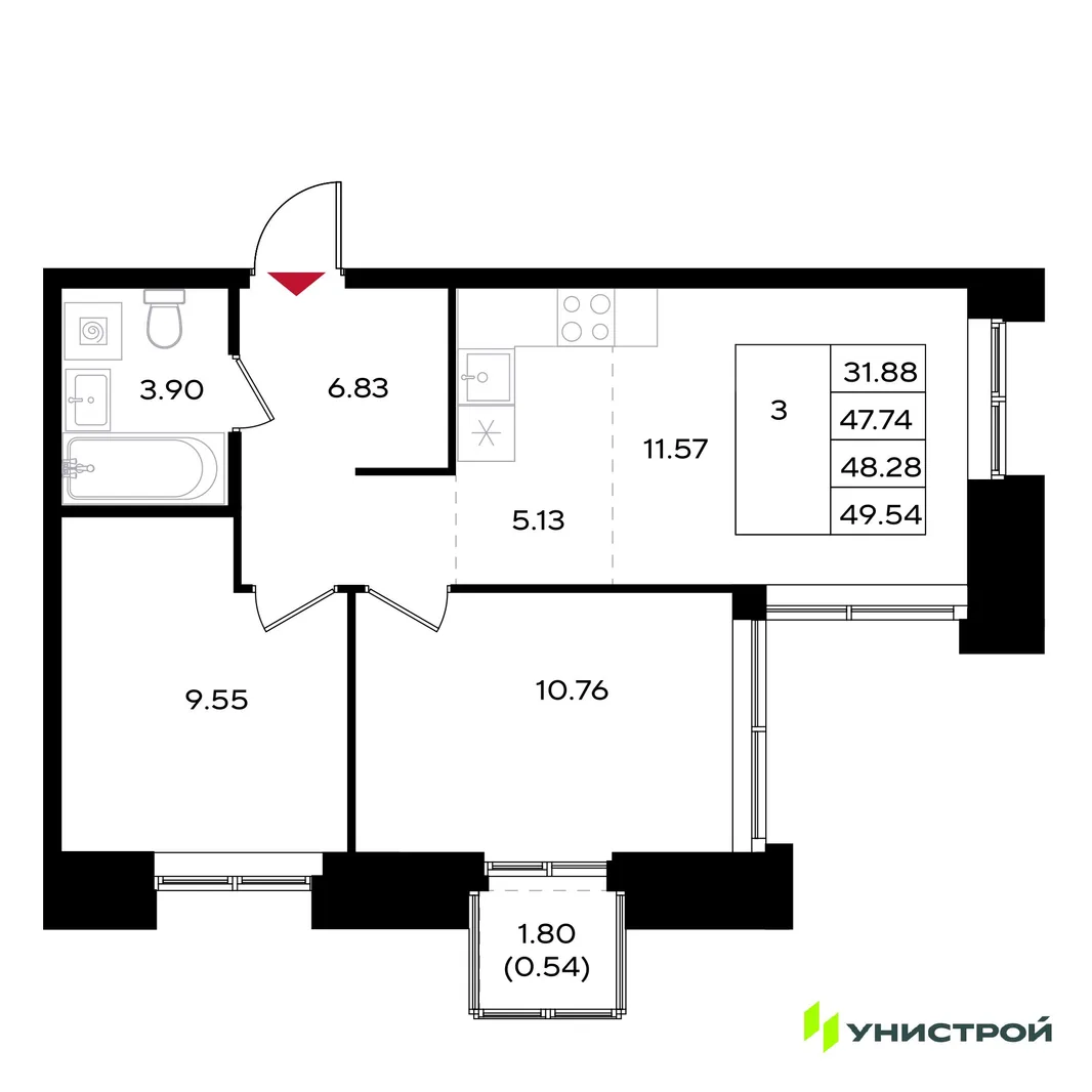 Планировка 3-комн. квартира, 48.28 м² ЖК «Уникум на Энгельса»