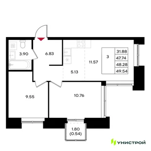 Планировка 3-комн. квартира, 48.28 м² ЖК «Уникум на Энгельса»