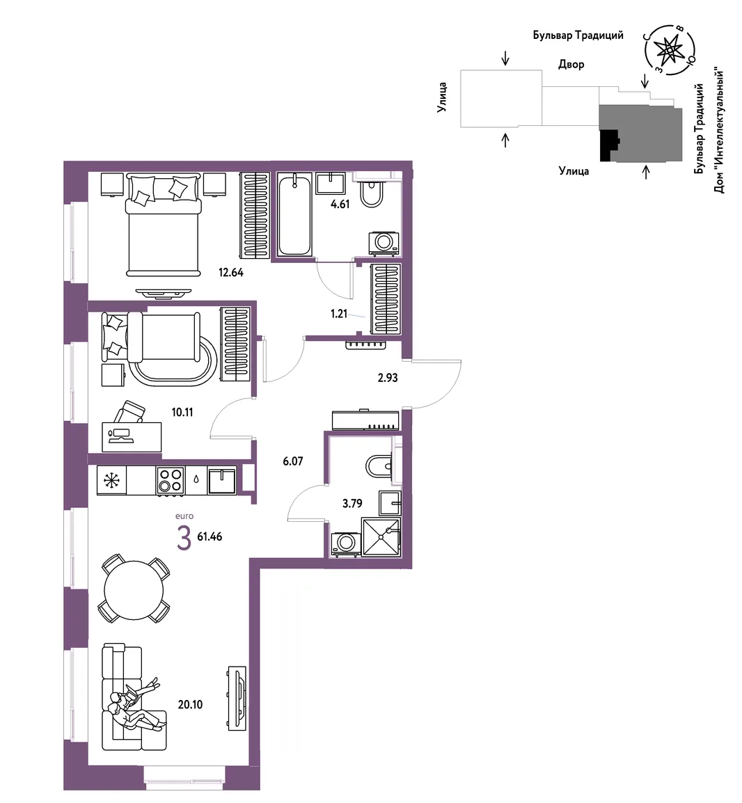 Планировка 3-комн. квартира, 61.46 м² ЖК «Микрорайон Домашний»