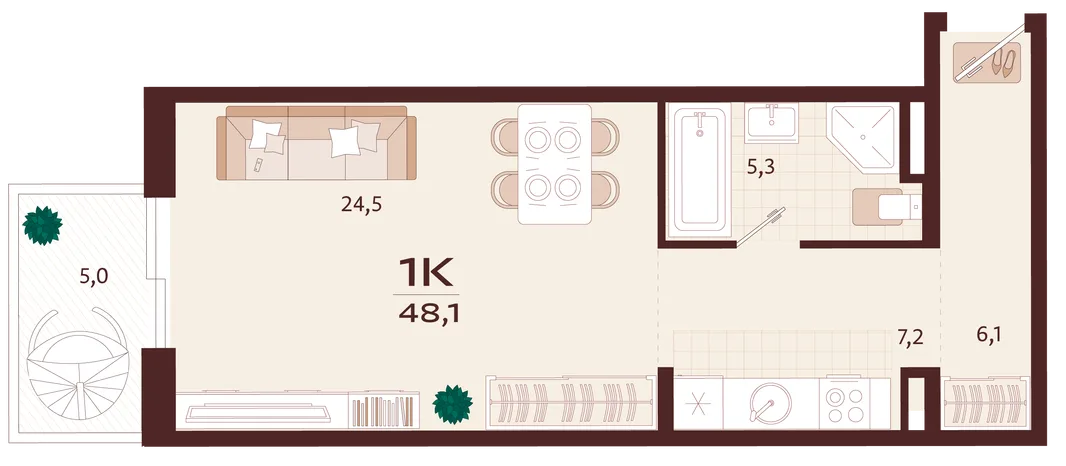 Планировка 1-комн. квартира, 48.1 м² ЖК «Роялта»