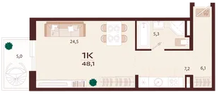 Планировка 1-комн. квартира, 48.1 м² ЖК «Роялта»