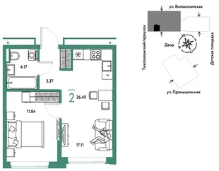 Планировка 2-комн. квартира, 36.49 м² ЖК «Страна Прибрежная»