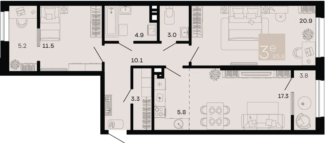 Планировка 3-комн. квартира, 85.8 м² ЖК «Хозяин морей»