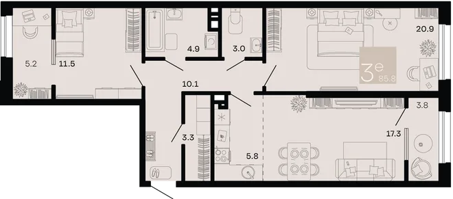 Планировка 3-комн. квартира, 85.8 м² ЖК «Хозяин морей» Планировка 3-комн. квартира, 85.8 м² ЖК «Хозяин морей»
