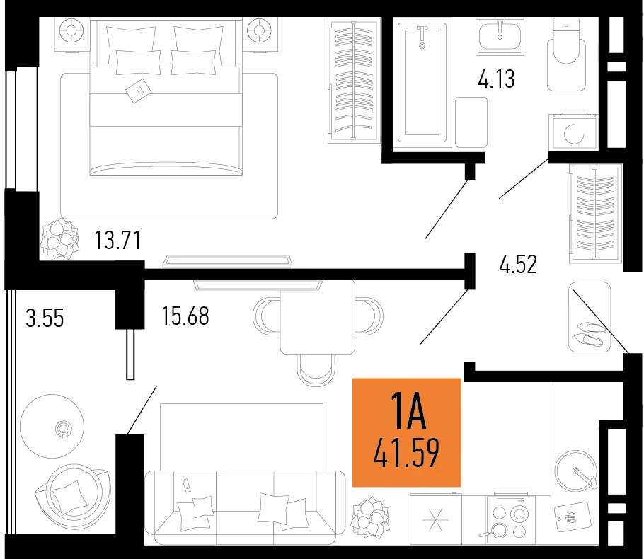 Планировка 1-комн. квартира, 41.59 м² ЖК «Столицыно»