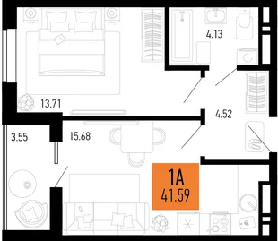 Планировка 1-комн. квартира, 41.59 м² ЖК «Столицыно»