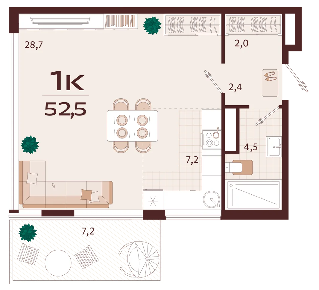 Планировка 1-комн. квартира, 52.5 м² ЖК «Роялта»