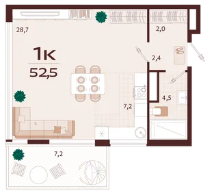 Планировка 1-комн. квартира, 52.5 м² ЖК «Роялта»