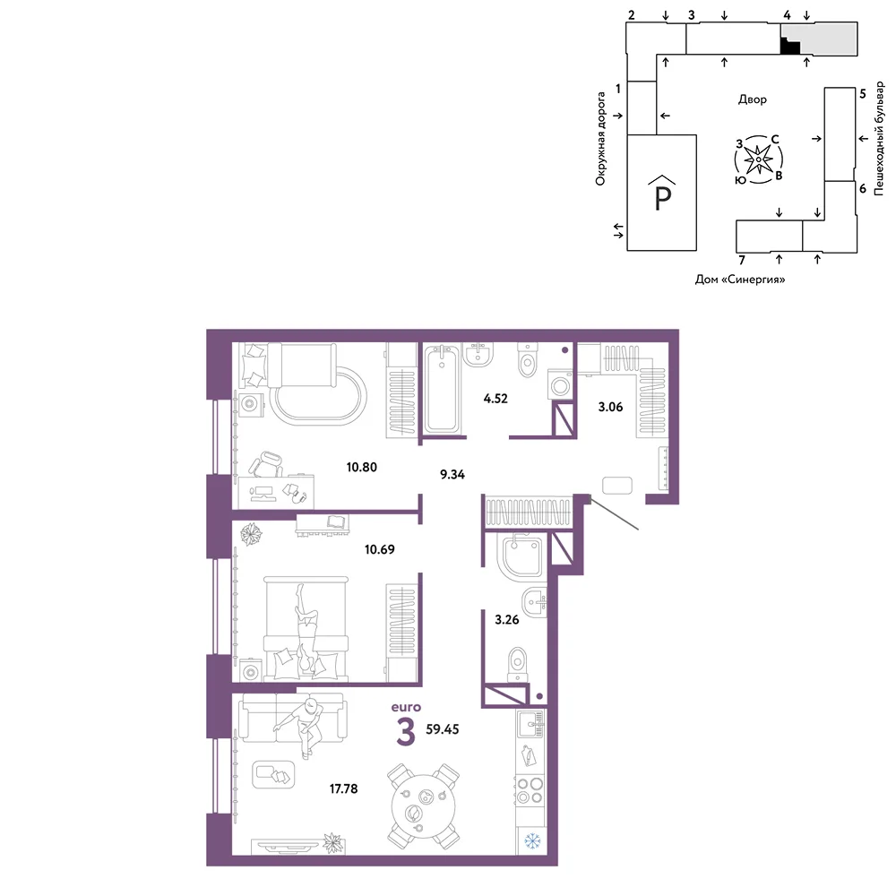 Планировка 3-комн. квартира, 59.45 м² ЖК «Юнион»