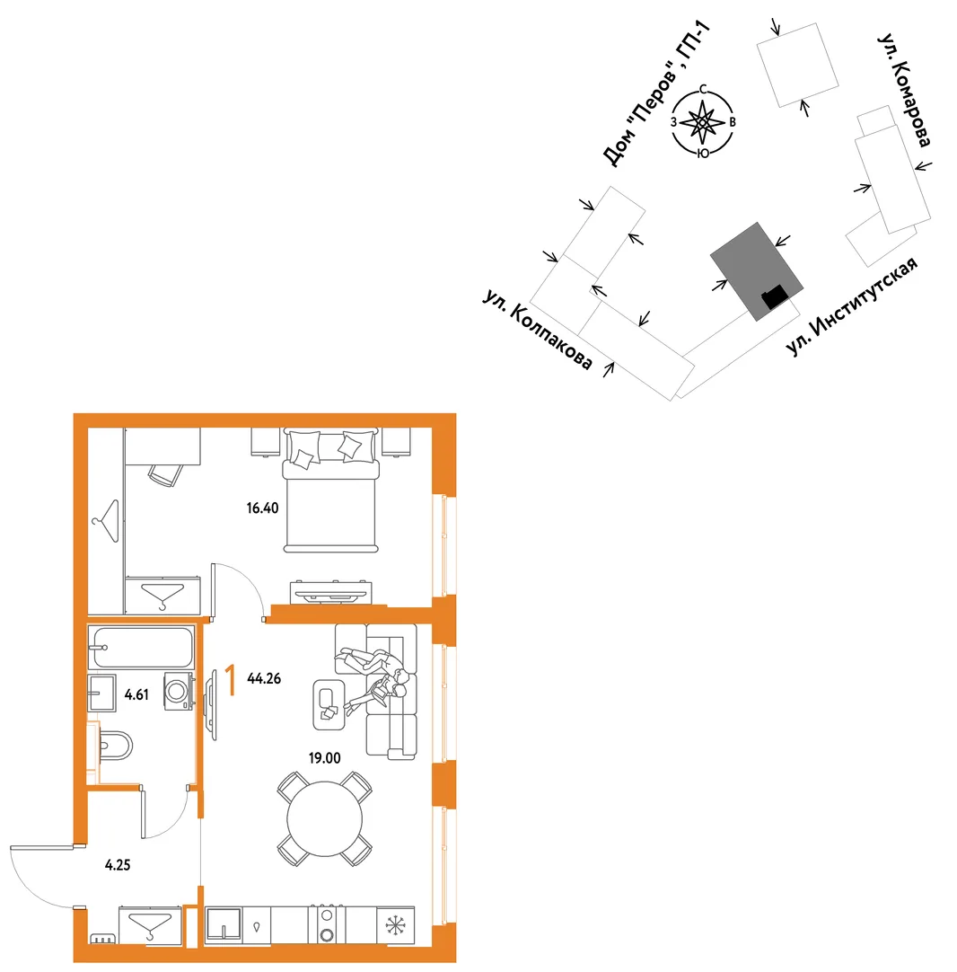 Планировка 1-комн. квартира, 44.26 м² ЖК «Страна.Парковая»