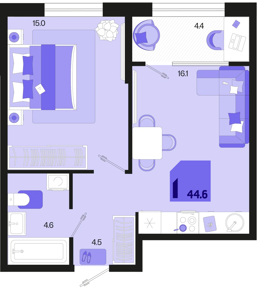 Планировка 1-комн. квартира, 44.6 м² ЖК «Первое место»