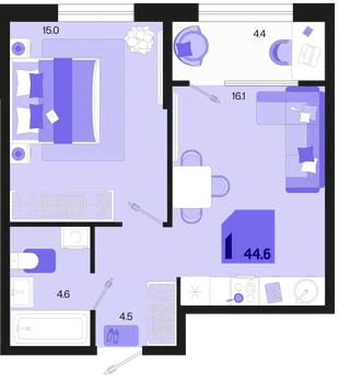 Планировка 1-комн. квартира, 44.6 м² ЖК «Первое место»