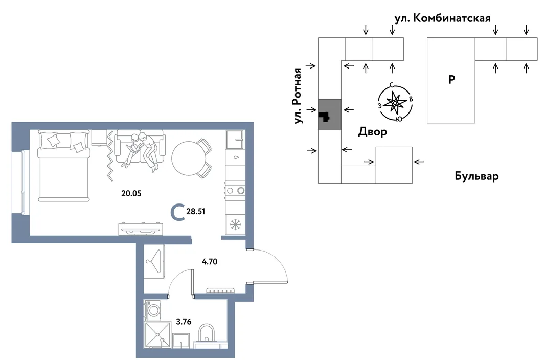 Планировка Студия, 28.47 м² ЖК «Уральский сад»