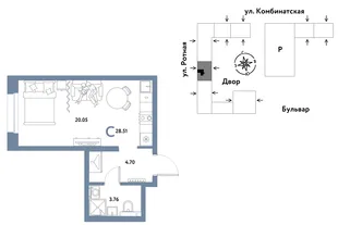 Планировка Студия, 28.47 м² ЖК «Уральский сад»