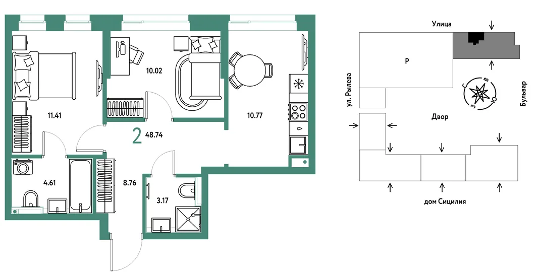 Планировка 2-комн. квартира, 48.74 м² ЖК «Остров-сад»