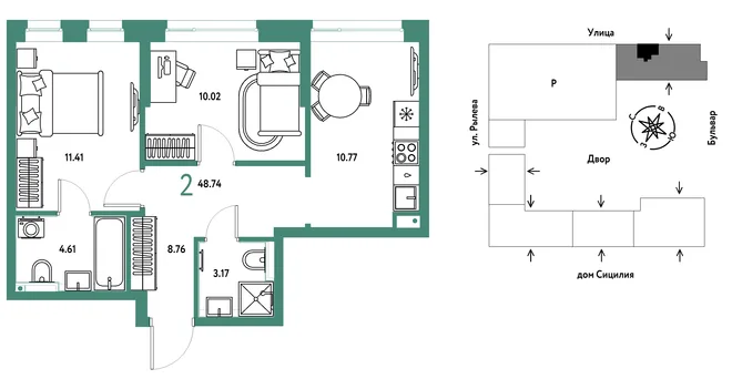 Планировка 2-комн. квартира, 48.74 м² ЖК «Остров-сад» Планировка 2-комн. квартира, 48.74 м² ЖК «Остров-сад»