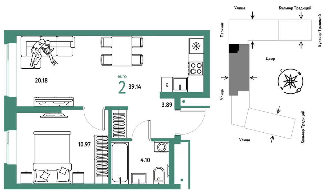 Планировка 2-комн. квартира, 39.14 м² ЖК «Микрорайон Домашний»