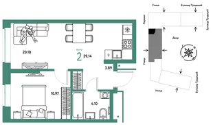 Планировка 2-комн. квартира, 39.14 м² ЖК «Микрорайон Домашний»