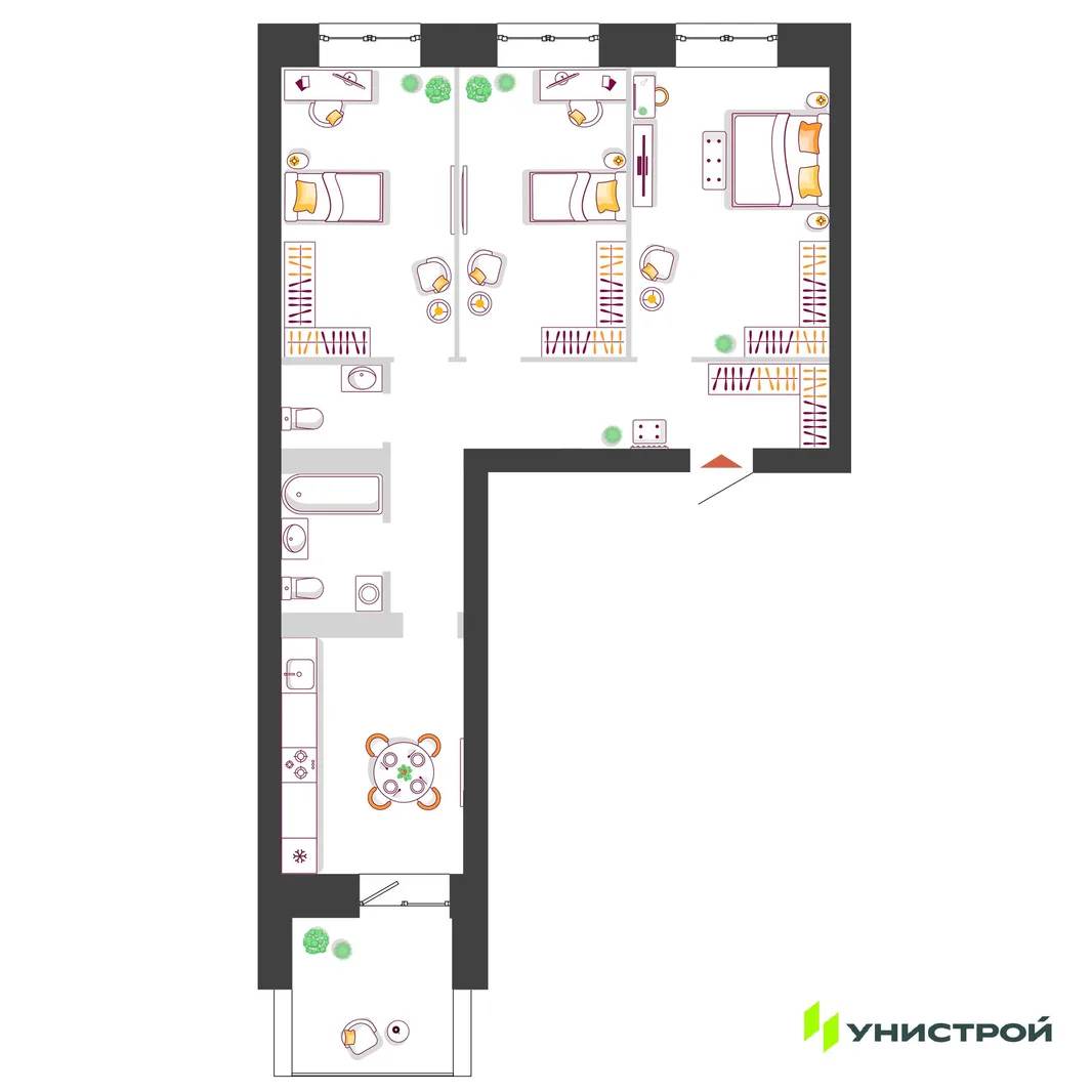 Планировка 1-комн. квартира, 48.44 м² ЖК «Южный бульвар 2»