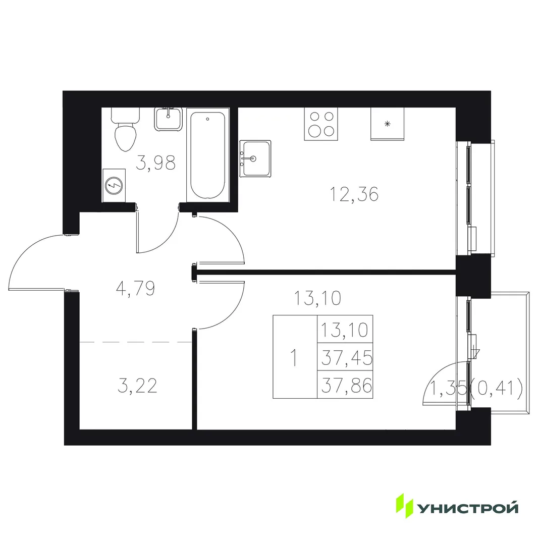 Планировка 1-комн. квартира, 37.86 м² ЖК «Statum»